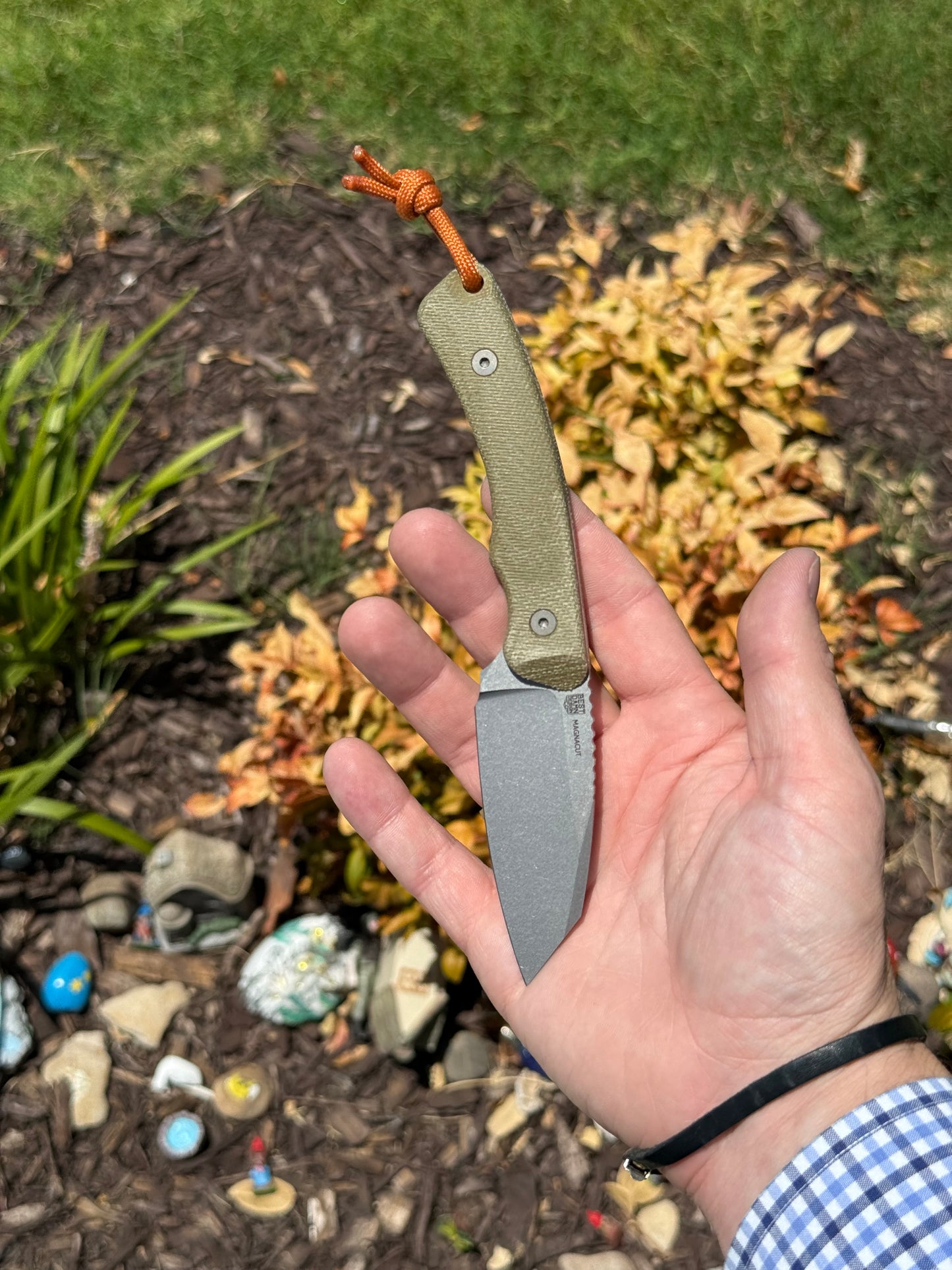 Redhawk Fixed Blade – Tumbled MagnaCut Reverse Tanto, 3D Contoured Micarta Handles, Leather Sheath – Made in USA