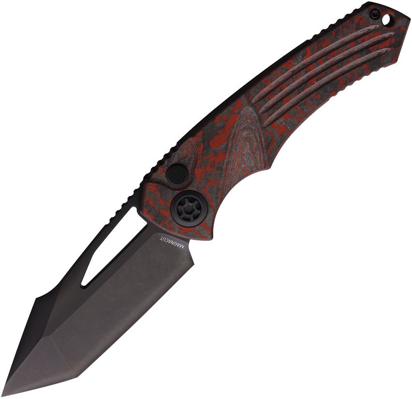 Heretic Pariah Button Lock Red Camo Carbon Fiber, 3.8″ MagnaCut Tanto Blade, Made in USA (H0476ARDCC)