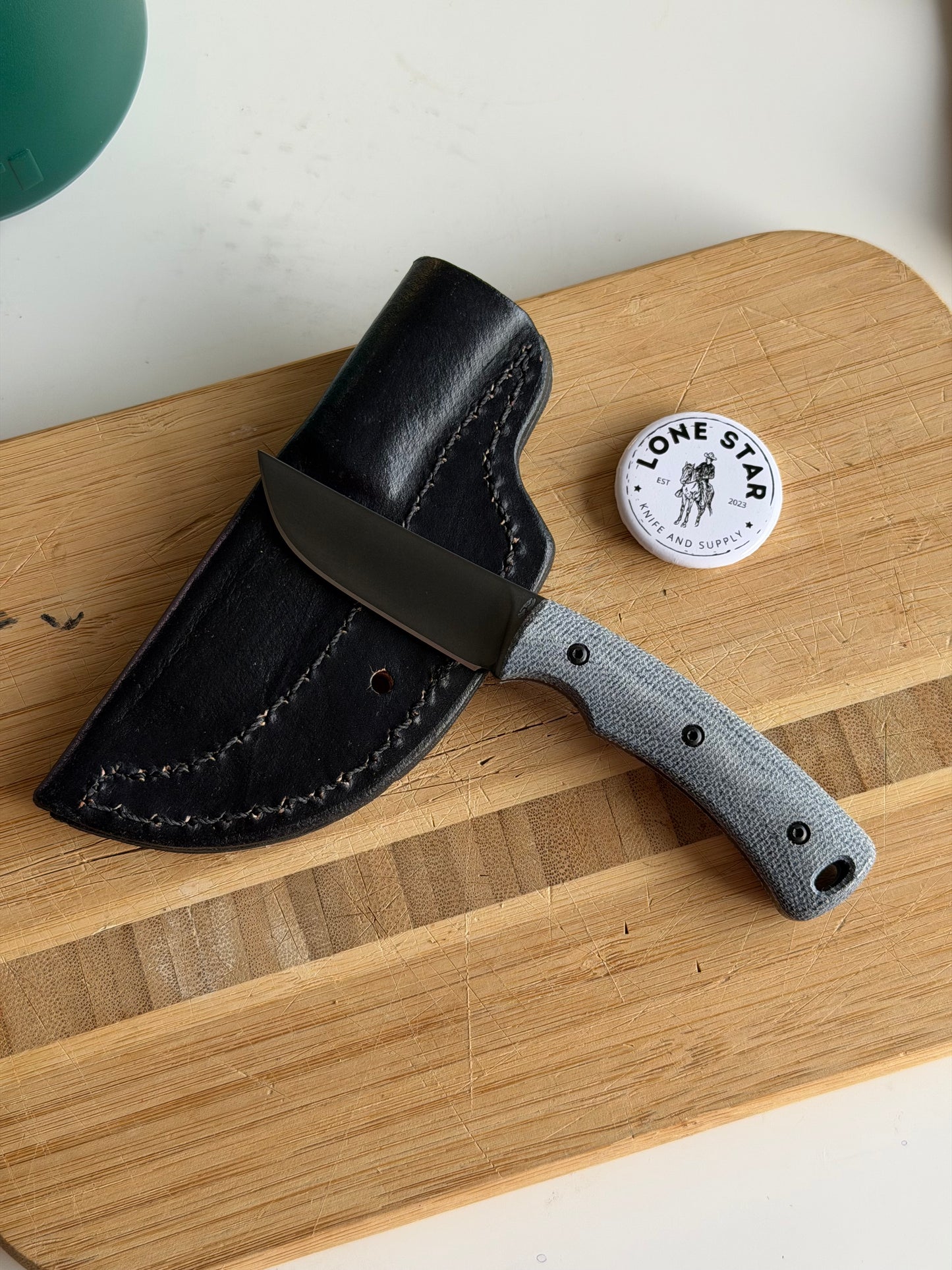 TRM Tagalong Special Edition DLC Fixed Blade Knife – MagnaCut, Blue Denim Micarta Scales, Black Leather Sheath – Made in USA