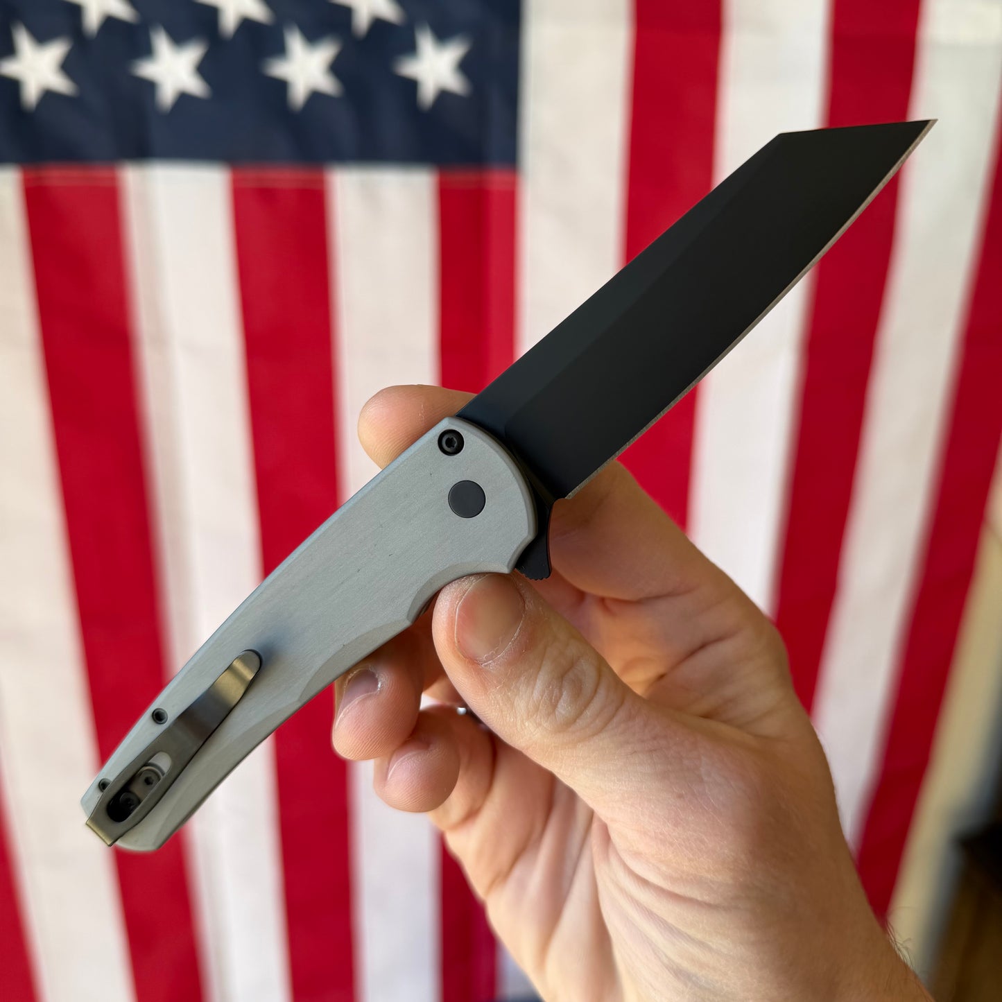 Pro-Tech Malibu Button Lock Knife, Grey Aluminum Handle, DLC MagnaCut Reverse Tanto Blade, 3.3″, Made in USA (5403-Grey)