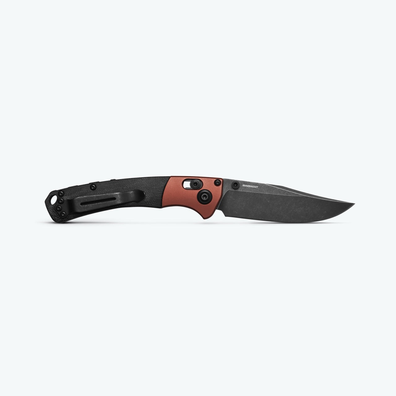 Benchmade Mini Crooked River Knife – Burnt Copper Aluminum Bolsters, Black Canvas Micarta Handle, DLC MagnaCut Clip-Point Blade, AXIS Lock – Made in USA (15085BK-04)