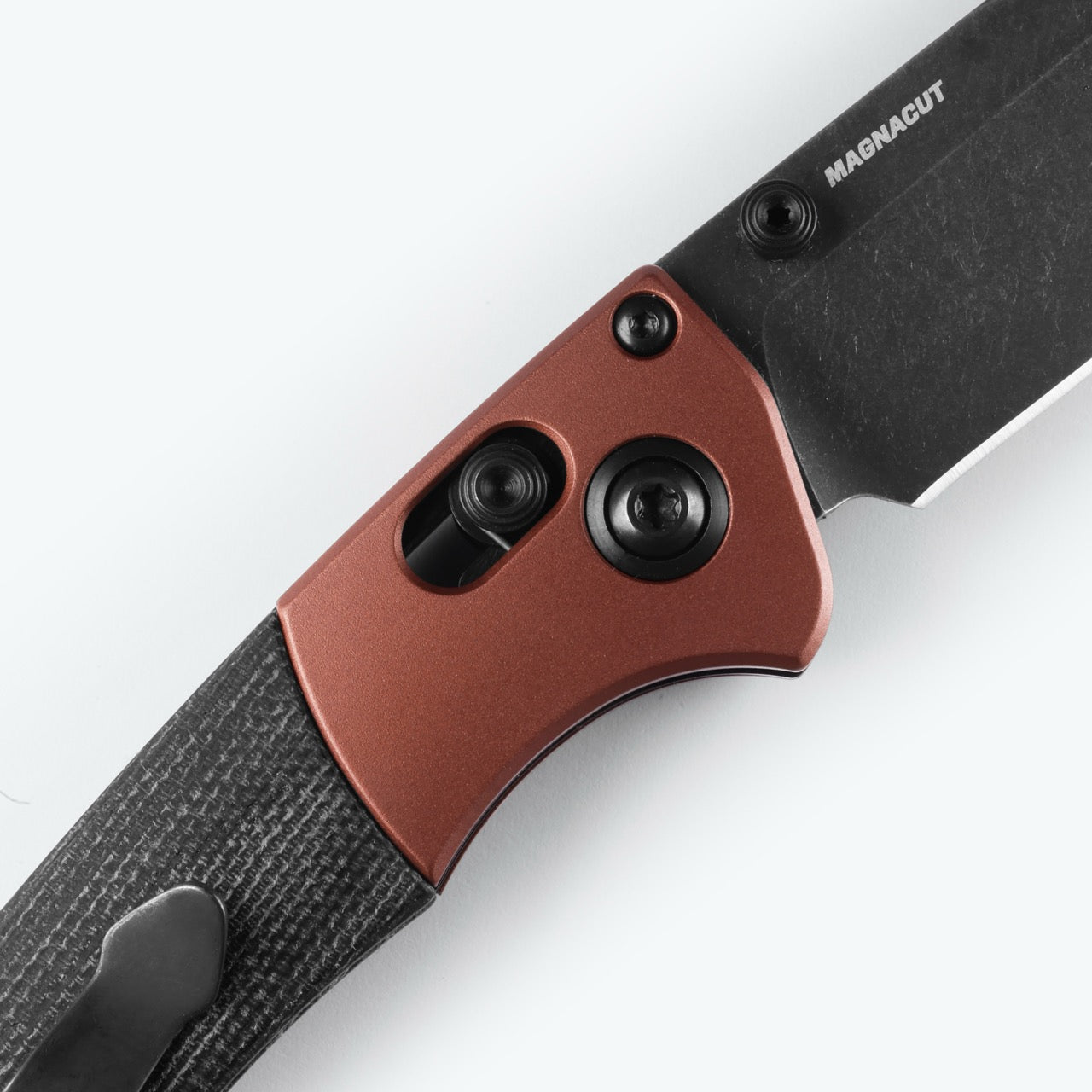 Benchmade Mini Crooked River Knife – Burnt Copper Aluminum Bolsters, Black Canvas Micarta Handle, DLC MagnaCut Clip-Point Blade, AXIS Lock – Made in USA (15085BK-04)