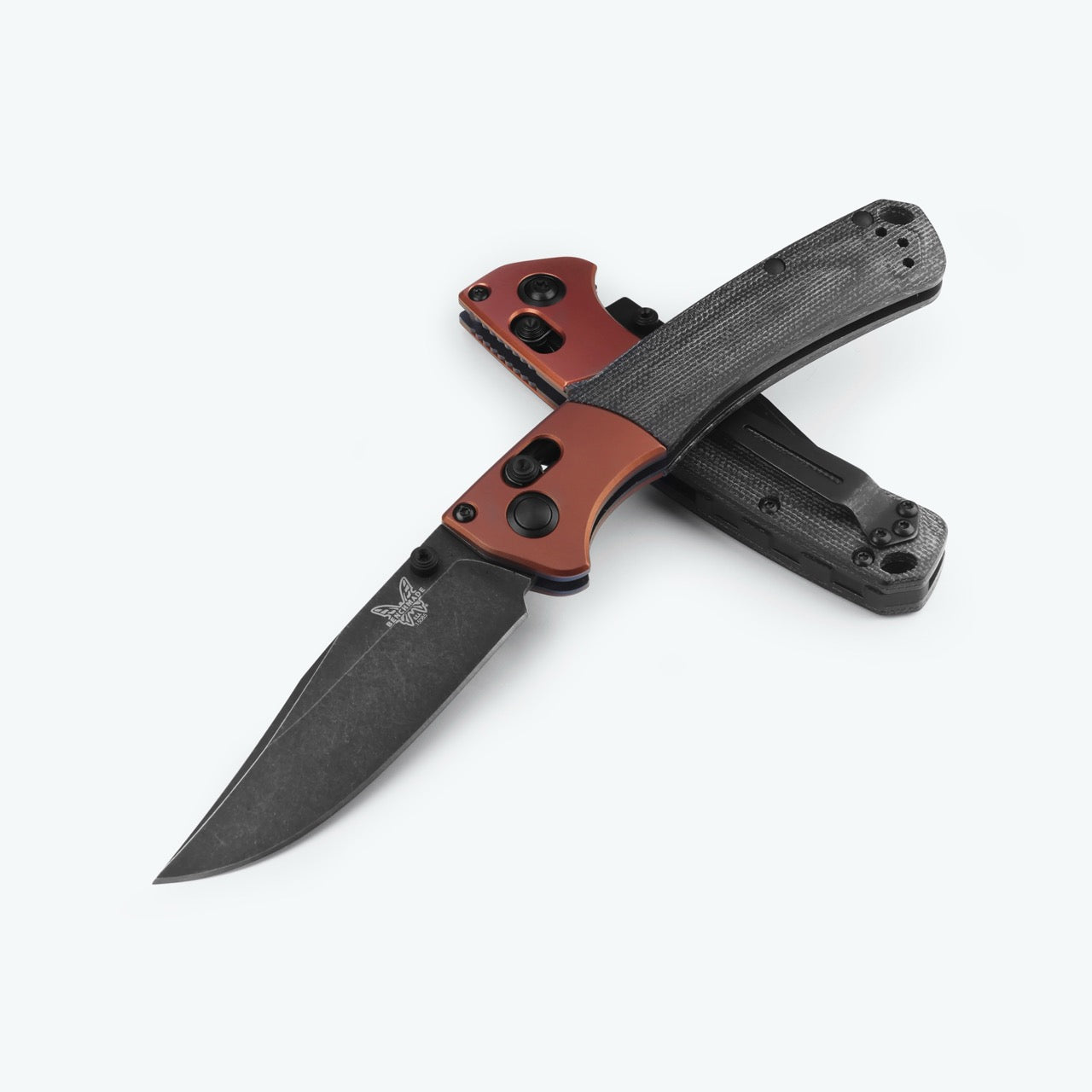 Benchmade Mini Crooked River Knife – Burnt Copper Aluminum Bolsters, Black Canvas Micarta Handle, DLC MagnaCut Clip-Point Blade, AXIS Lock – Made in USA (15085BK-04)