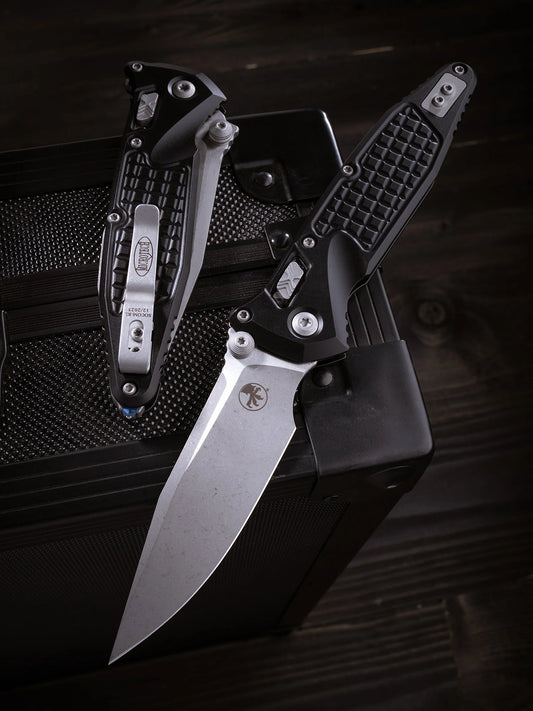 Microtech SOCOM Elite RAM-LOK™ Knife, Apocalyptic® Clip Point Blade, Black Frag Aluminum Handle, 3.8″, Made in USA (160RL-10APFR)