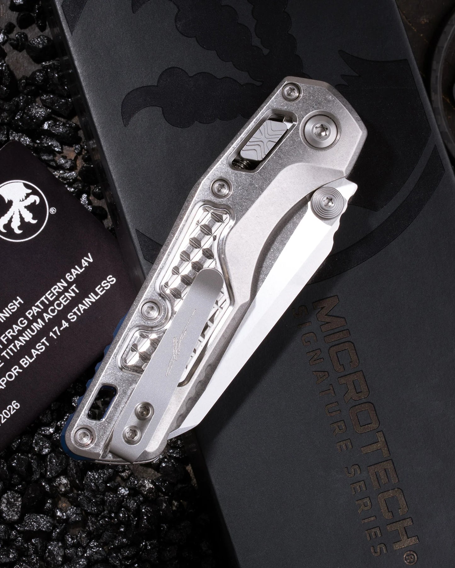 Microtech MSI Mini RAM-LOK Knife, Stonewash Titanium Frag Handle with Blue Accents, 3.25″ Blade, Made in USA (Marfione Select, 210M-10FRMS3)