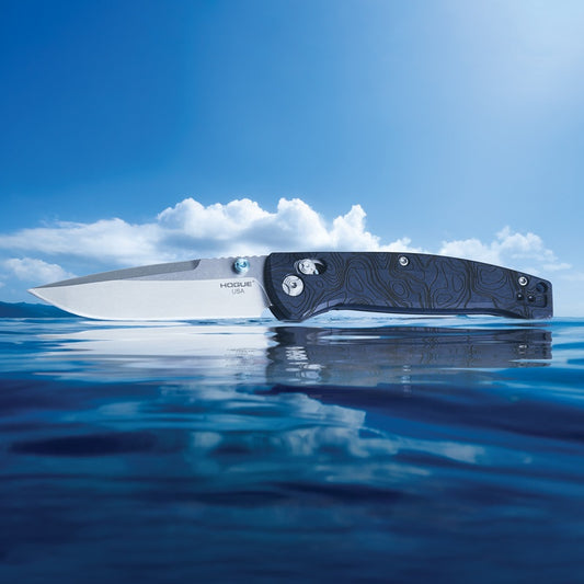 Hogue Mysto (Water) 3.4″ Drop Point Knife, Blue Canyon Richlite Handle, Stone Tumbled Blade, Made in USA (24456)