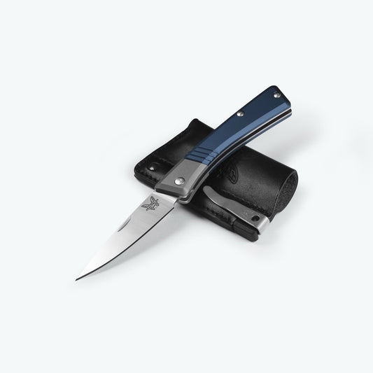 Benchmade Successor™ Slip-Joint Knife – Crater Blue & Ash Gray Aluminum, Satin M390 Drop-Point Blade, Leather Sheath – Made in USA (315)