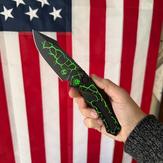 Heretic Pariah Toxic Magma Green Aluminum 3.75 inch MagnaCut Automatic Button Lock Knife – Made in USA (H048MAGTX)