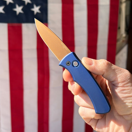 Pro-Tech Duke 2 Heritage Automatic Knife – Navy Aluminum Handle, Tan PVD MagnaCut Blade, 2.7″ – Made in USA (DUKE2103-LTD)