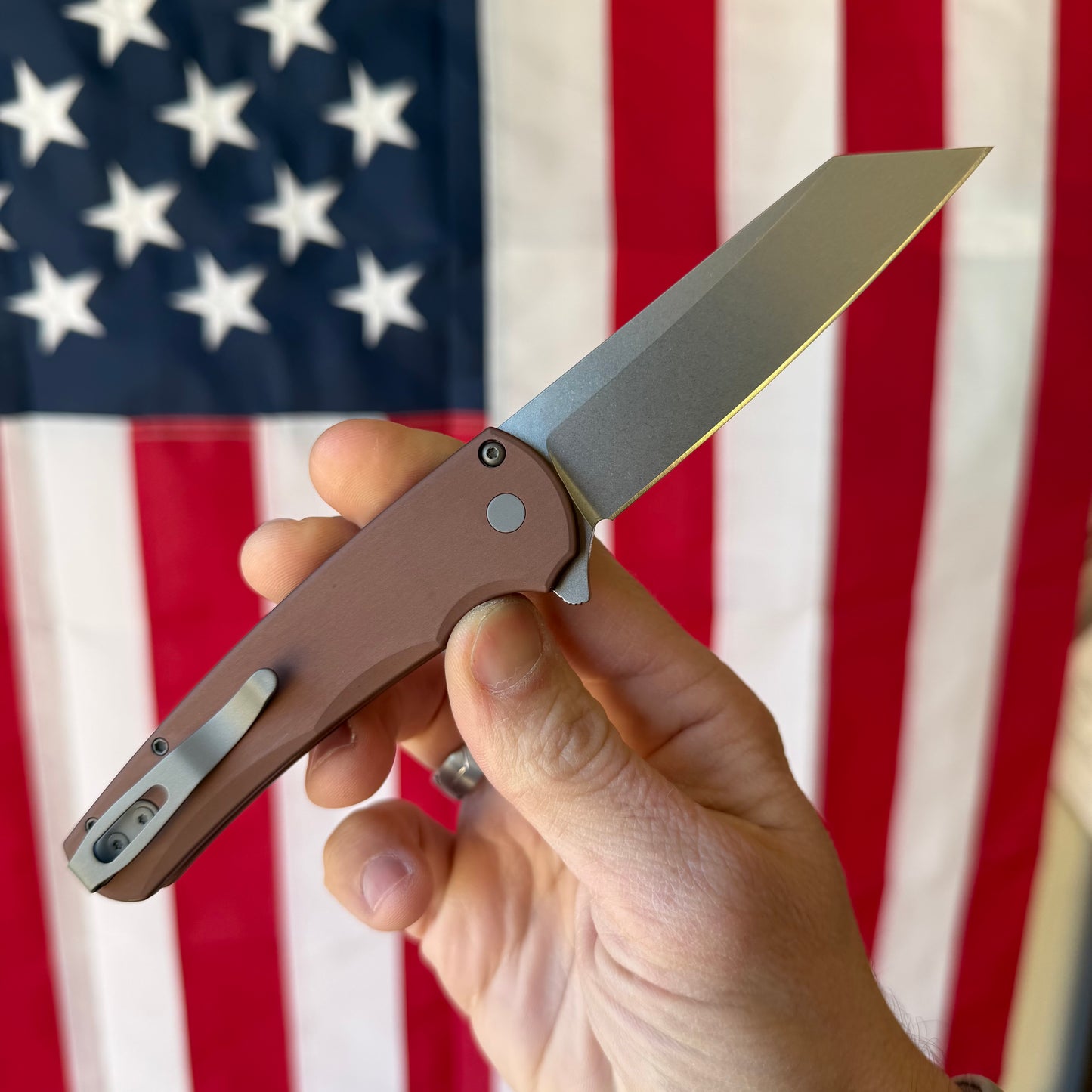 Pro-Tech Malibu Button Lock Knife, FDE Aluminum Handle, Stonewash MagnaCut Reverse Tanto Blade, 3.3″, Made in USA (5401-FDE)