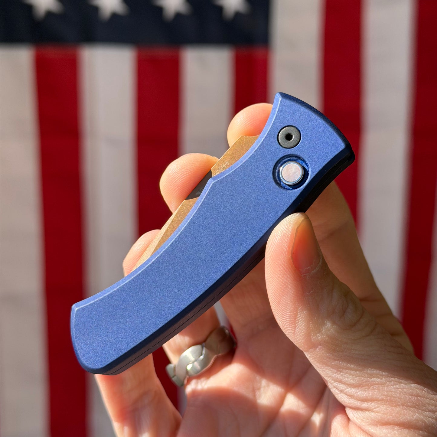 Pro-Tech Duke 2 Heritage Automatic Knife – Navy Aluminum Handle, Tan PVD MagnaCut Blade, 2.7″ – Made in USA (DUKE2103-LTD)