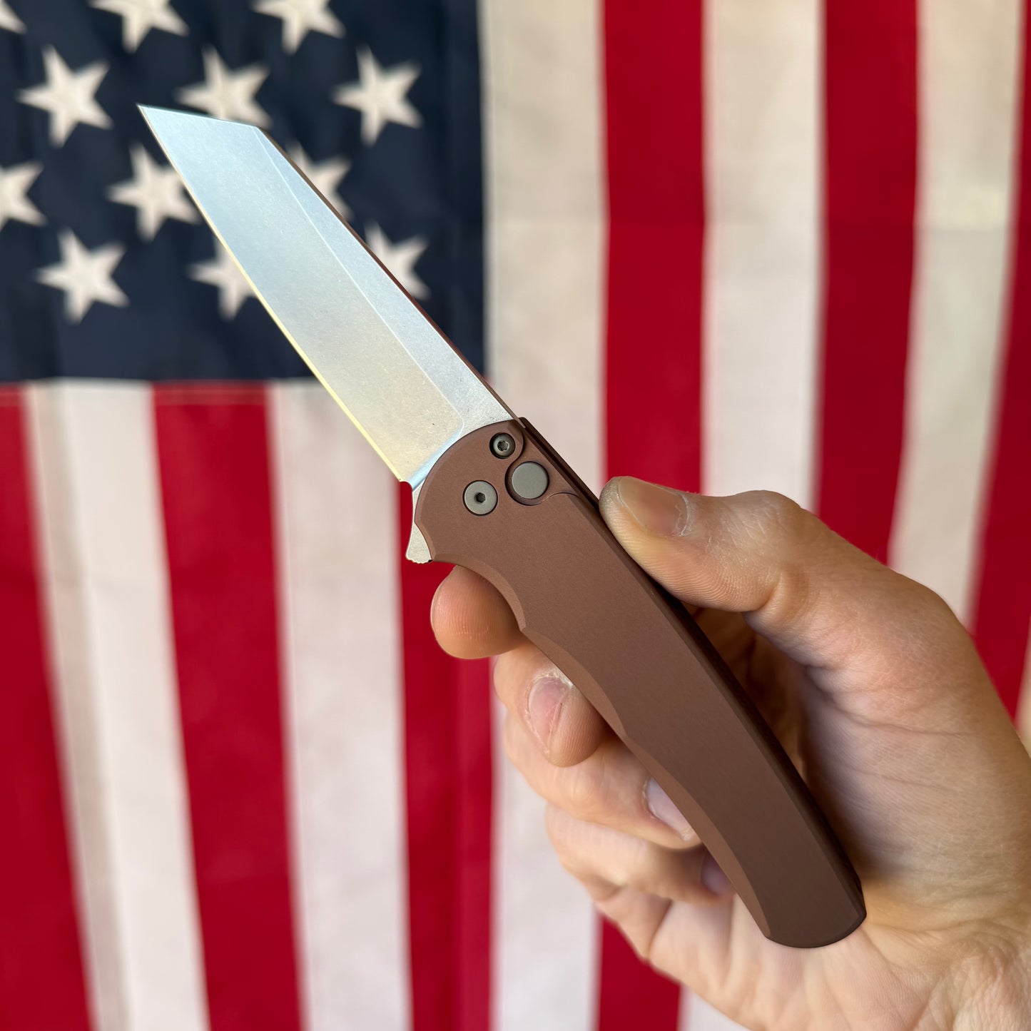 Pro-Tech Malibu Button Lock Knife, FDE Aluminum Handle, Stonewash MagnaCut Reverse Tanto Blade, 3.3″, Made in USA (5401-FDE)
