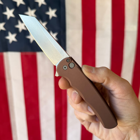 Pro-Tech Malibu Button Lock Knife, FDE Aluminum Handle, Stonewash MagnaCut Reverse Tanto Blade, 3.3″, Made in USA (5401-FDE)