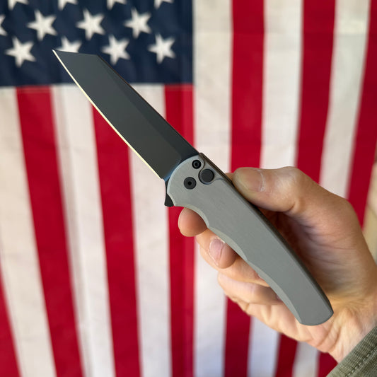 Pro-Tech Malibu Button Lock Knife, Grey Aluminum Handle, DLC MagnaCut Reverse Tanto Blade, 3.3″, Made in USA (5403-Grey)