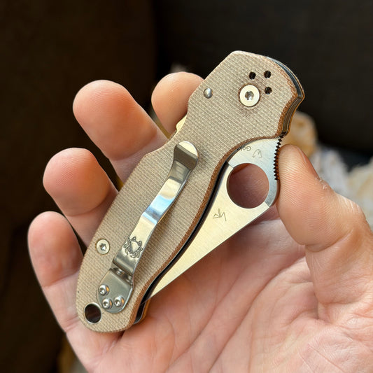 Back Door: Spyderco Para 3 CruWear & Micarta Compression Lock Folding Knife 2.95" CPM CruWear Satin Plain Blade, Brown Canvas Micarta Handles - Blemished