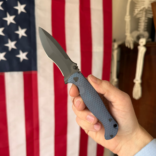Half Face Blades Extremis Folder, PVD Coated Blade, Dark Blue Anodized Titanium Scales, Made in USA