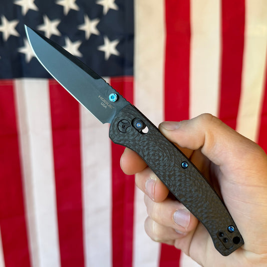 Hogue Mysto (Collector Series) 3.4″ Drop Point Knife, Carbon Fiber Handle with Blue Tritium Insert, Black Cerakote Blade, Made in USA (24492-LIM)