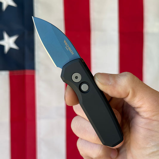 Pro-Tech Runt 5 Denim Automatic Knife, Solid Black Aluminum Handle, Denim PVD MagnaCut Wharncliffe Blade, 2″ Blade, Made in USA (R5303-DENIM)
