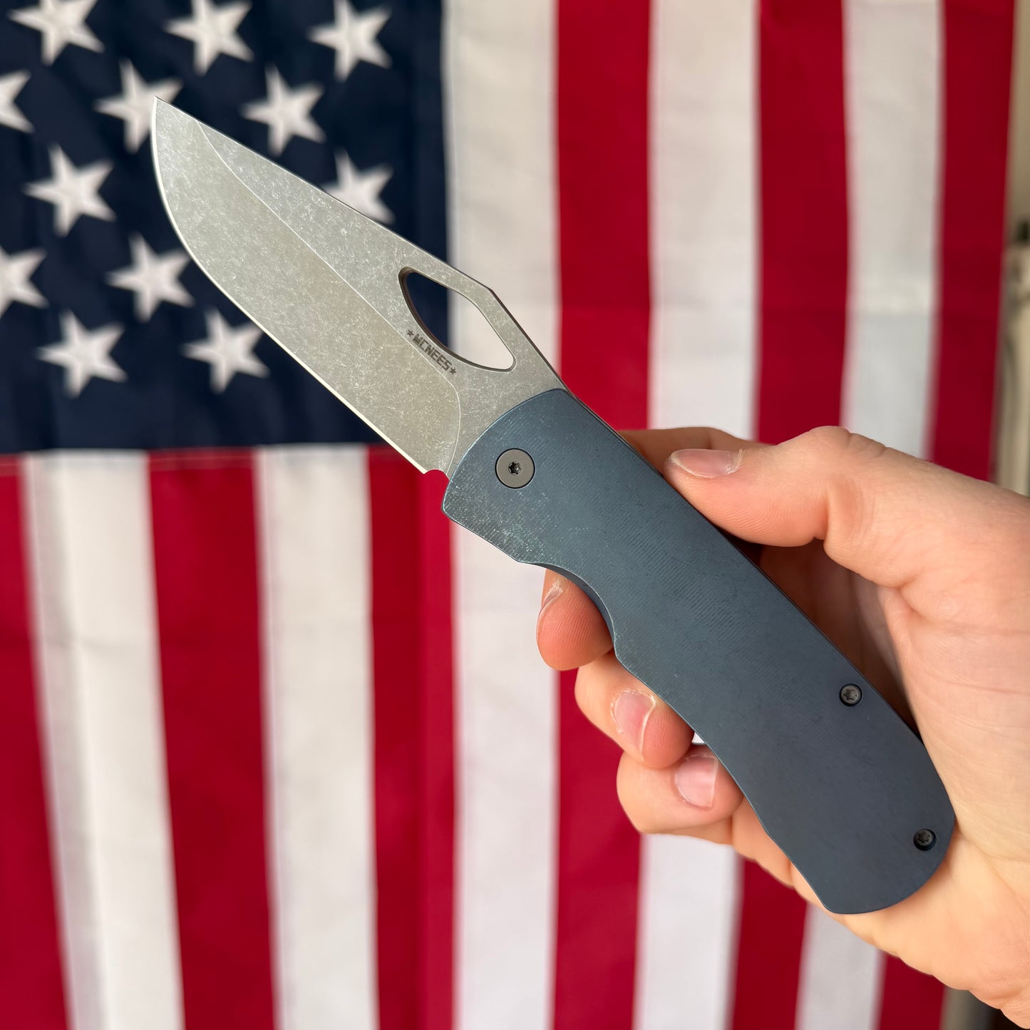 McNees Dixon Frame Lock Knife, Blue Anodized Titanium, Atomic Stonewash MagnaCut Blade & Hardware – Made in USA (Model 1645)
