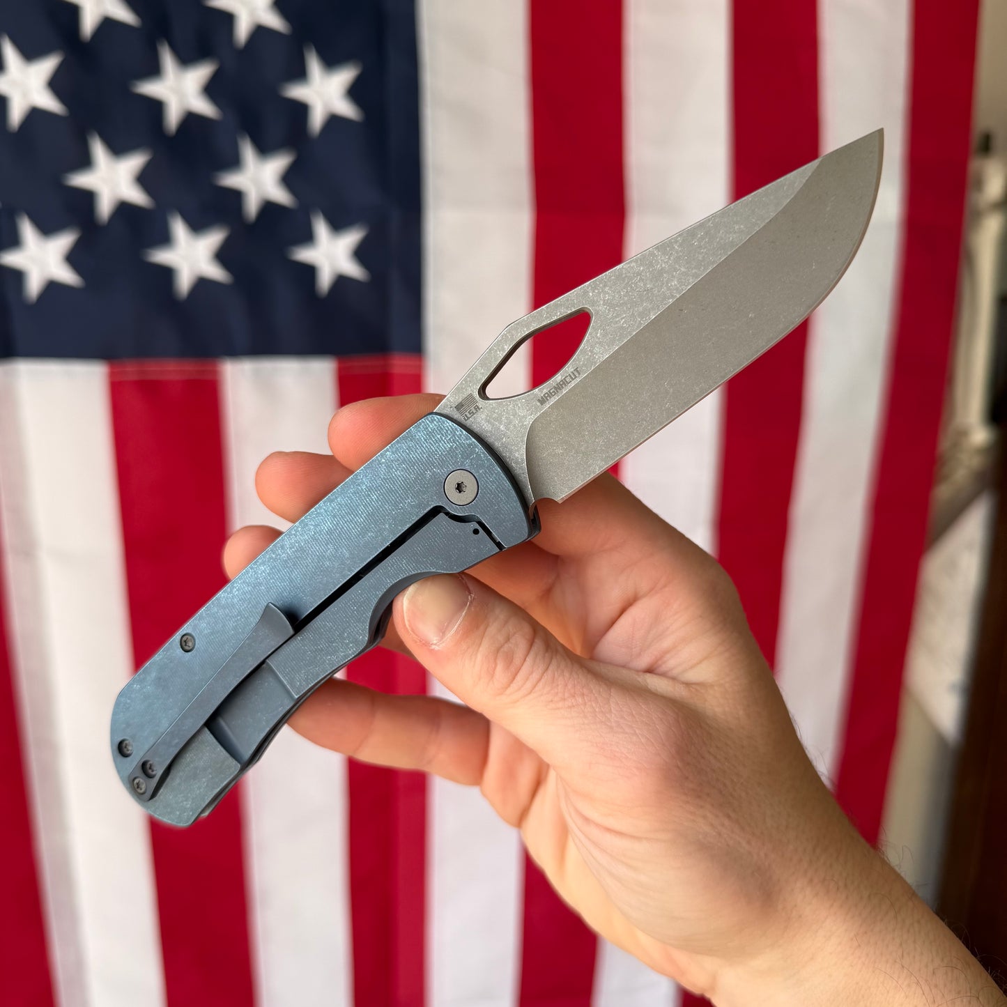 McNees Dixon Frame Lock Knife, Blue Anodized Titanium, Atomic Stonewash MagnaCut Blade & Hardware – Made in USA (Model 1645)