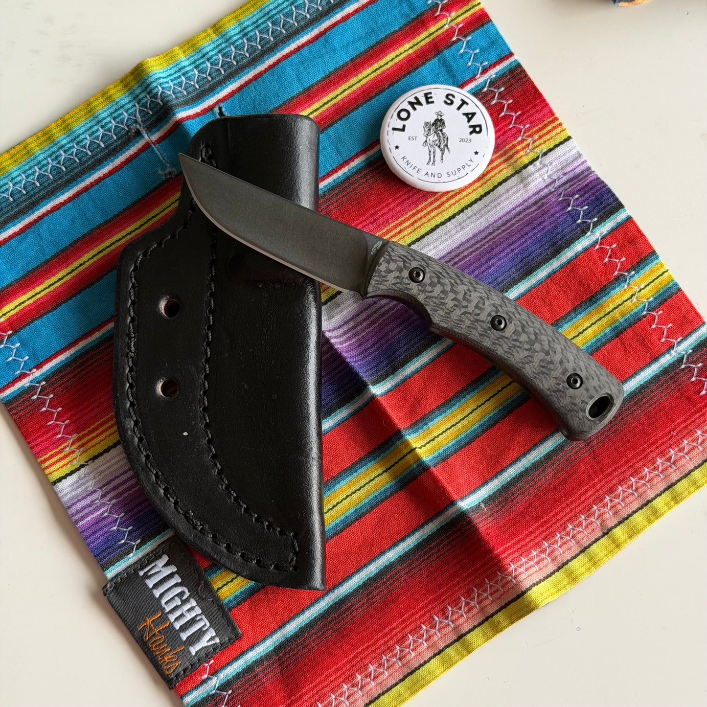 TRM Tagalong Special Edition DLC Fixed Blade Knife – MagnaCut, Carbon Fiber Scales, Black Leather Sheath – Made in USA