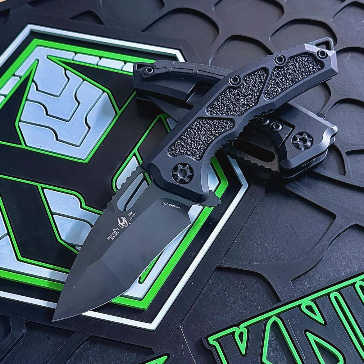 Heretic Medusa Recurve Manual Tactical 3" MagnaCut Recurve Knife, DLC Blade, Black Aluminum Handle – Made in USA (H010-6A-T)