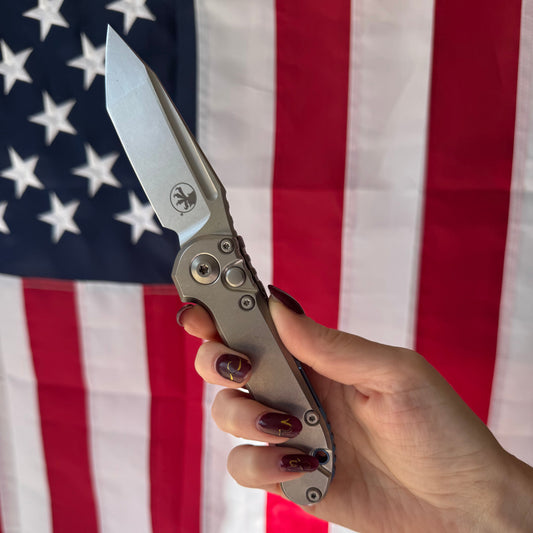 Microtech L.U.D.T. Tanto Edge 3.5” Automatic Knife, Stonewash Blade, Slab Side Titanium Handle with Blue Titanium Accents – Made in USA (1136-10MS3)