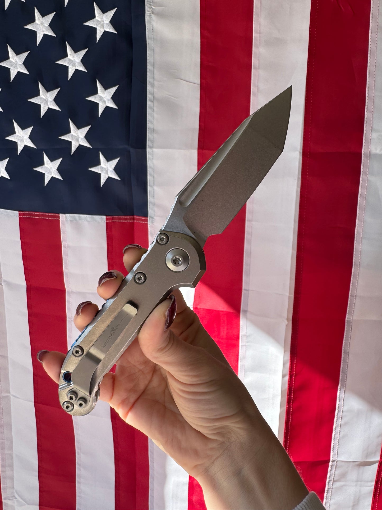 Microtech L.U.D.T. Tanto Edge 3.5” Automatic Knife, Stonewash Blade, Slab Side Titanium Handle with Blue Titanium Accents – Made in USA (1136-10MS3)