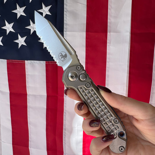 Microtech L.U.D.T. Mixed Edge Tanto 3.5 inch Automatic Knife, Stonewash Blade, Frag Pattern Titanium Handle with Blue Accents – Made in USA (1136-12FRMS2)