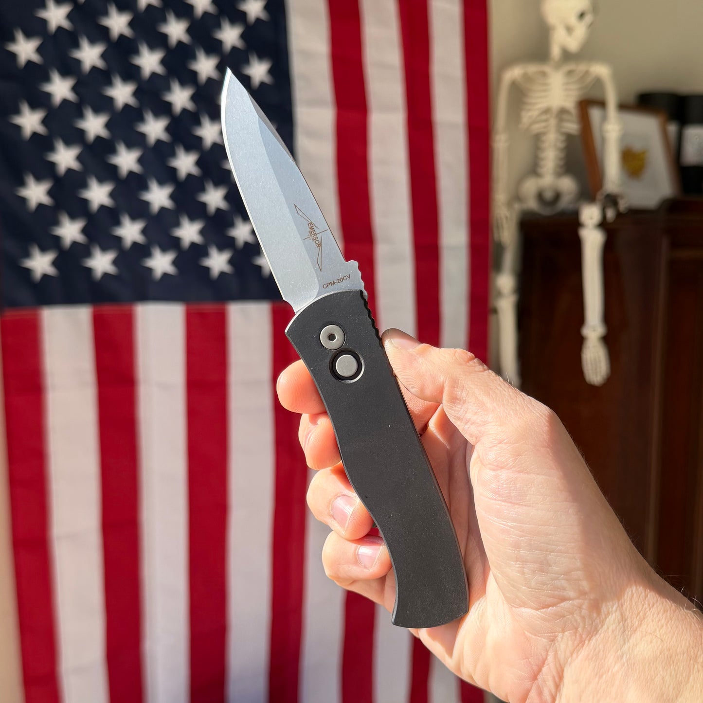 CQC‑7 Pro‑Tech x Emerson Collab – 3.25″ Spear Point CPM‑20CV Blade, Aluminum Handle, Button Lock – Made in USA (PTKE7A0120CV)