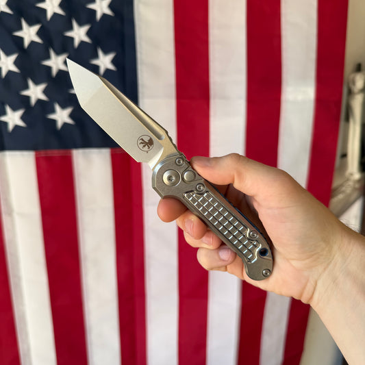 Microtech L.U.D.T. Marfione Select Frag 3.5” Tanto Automatic Knife, Stonewash Blade, Titanium Handle with Blue Accents – Made in USA (1136-10FRMS2)