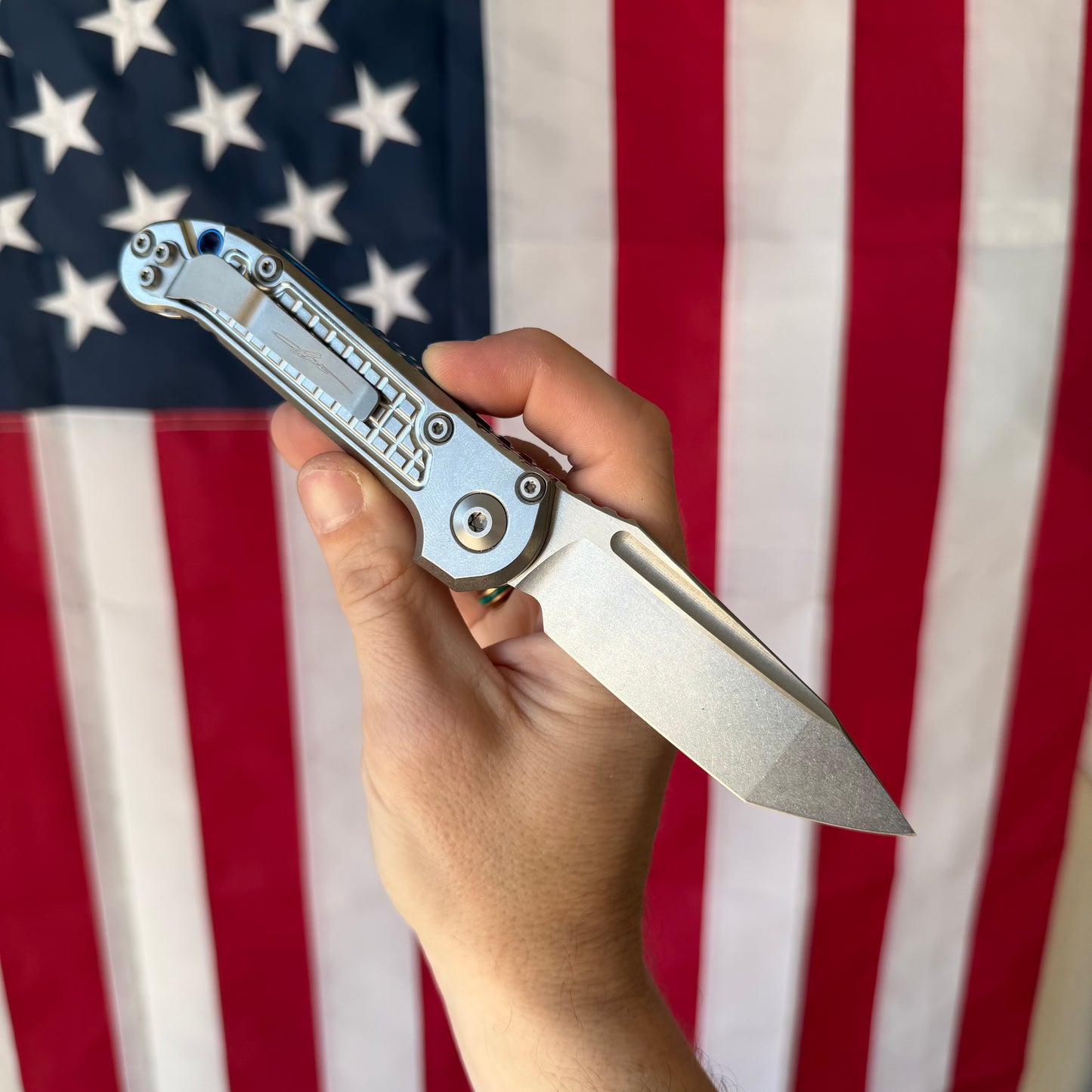 Microtech L.U.D.T. Marfione Select Frag 3.5” Tanto Automatic Knife, Stonewash Blade, Titanium Handle with Blue Accents – Made in USA (1136-10FRMS2)