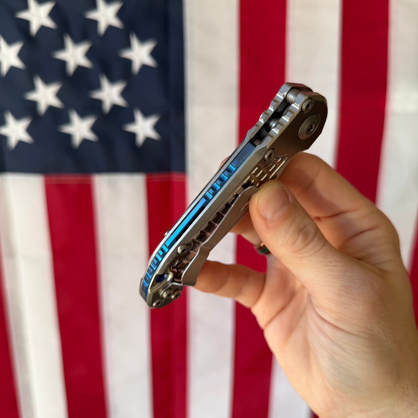 Microtech L.U.D.T. Marfione Select Frag 3.5” Tanto Automatic Knife, Stonewash Blade, Titanium Handle with Blue Accents – Made in USA (1136-10FRMS2)