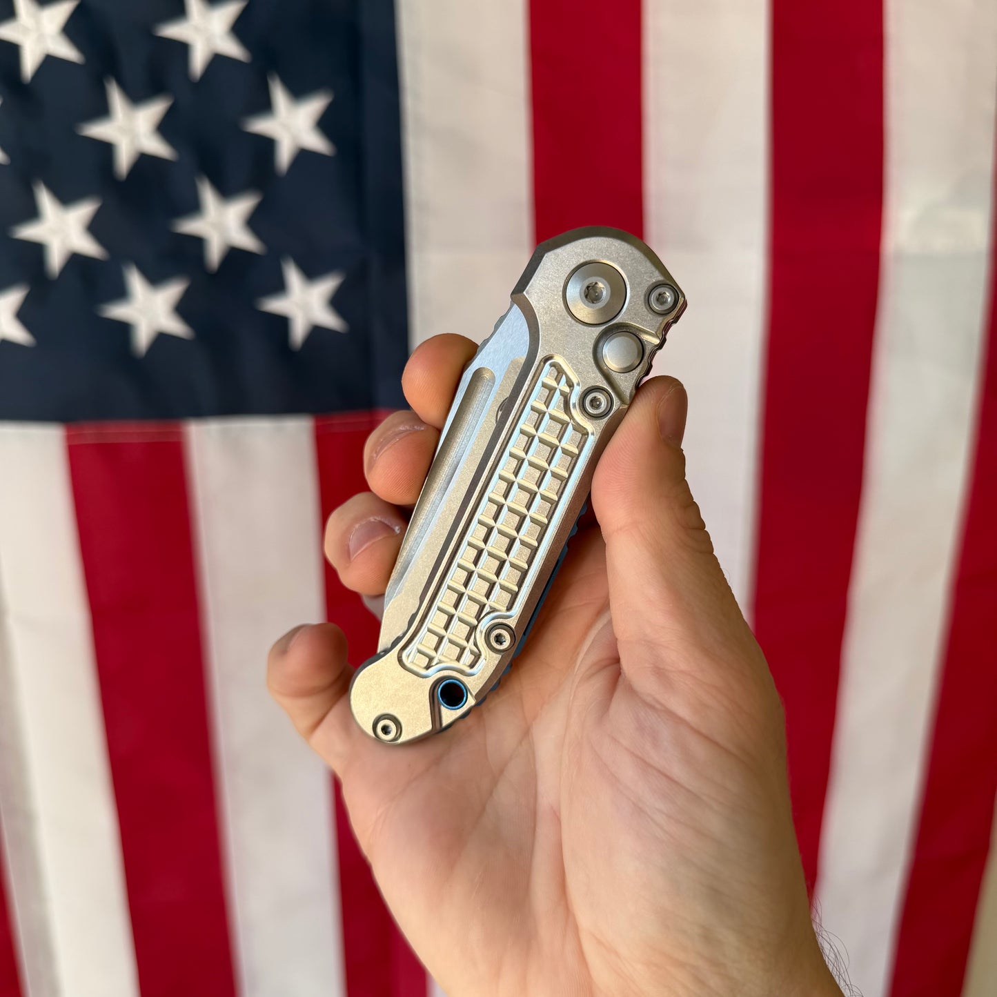 Microtech L.U.D.T. Marfione Select Frag 3.5” Tanto Automatic Knife, Stonewash Blade, Titanium Handle with Blue Accents – Made in USA (1136-10FRMS2)