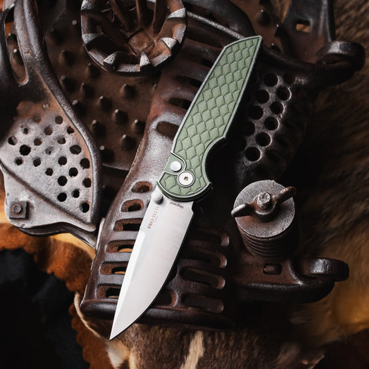 Pro-Tech TR-3 Integrity REPTILE 3.5 inch Magnacut Knife, Battleworn Green Aluminum Handle, Satin Blade – Made in USA (INT1105-LTDBW REPTILE)