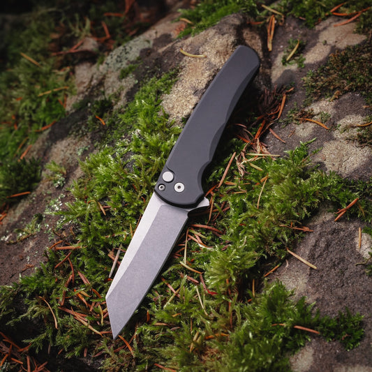 Pro-Tech Malibu Black 3.3 inch Magnacut Reverse Tanto Knife, Stonewash Blade, Blasted Hardware – Made in USA (5401)