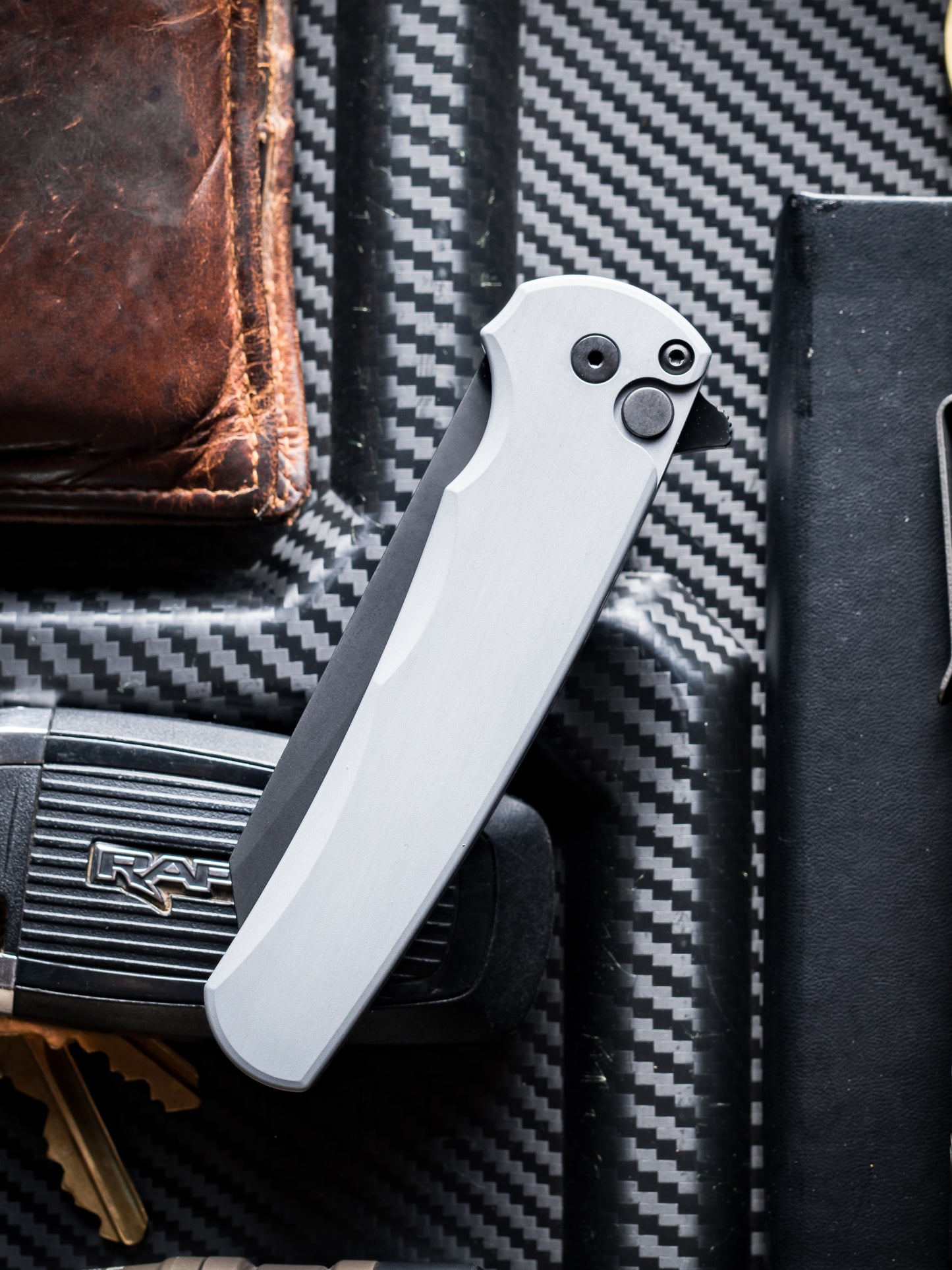 Pro-Tech Malibu Button Lock Knife, Grey Aluminum Handle, DLC MagnaCut Reverse Tanto Blade, 3.3″, Made in USA (5403-Grey)