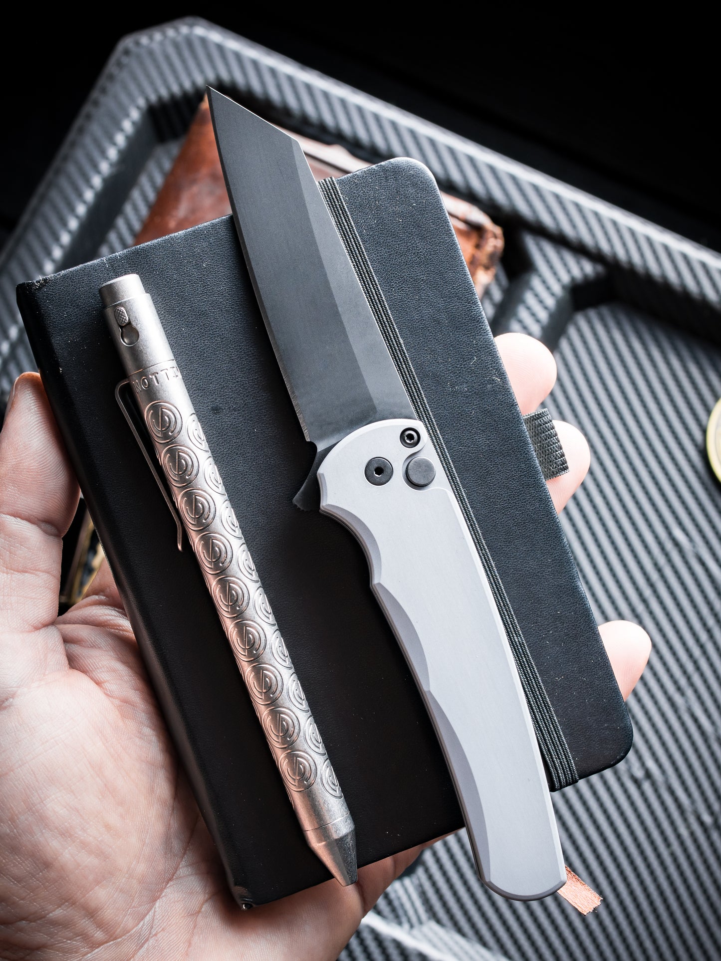 Pro-Tech Malibu Button Lock Knife, Grey Aluminum Handle, DLC MagnaCut Reverse Tanto Blade, 3.3″, Made in USA (5403-Grey)