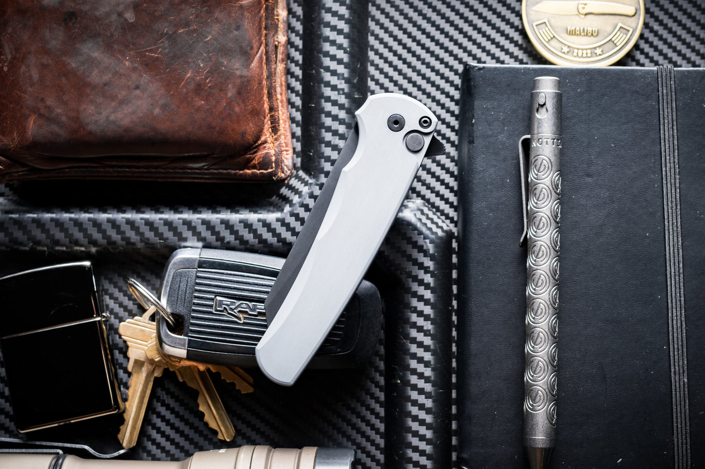 Pro-Tech Malibu Button Lock Knife, Grey Aluminum Handle, DLC MagnaCut Reverse Tanto Blade, 3.3″, Made in USA (5403-Grey)