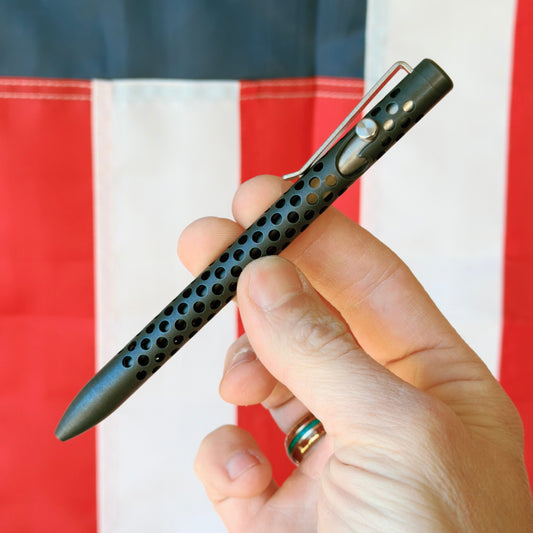 The Back Door: Skeletonized Titanium Bolt Action Pen – Dark Stonewashed Display Finish – One-Off Blade Show Piece – Made in USA