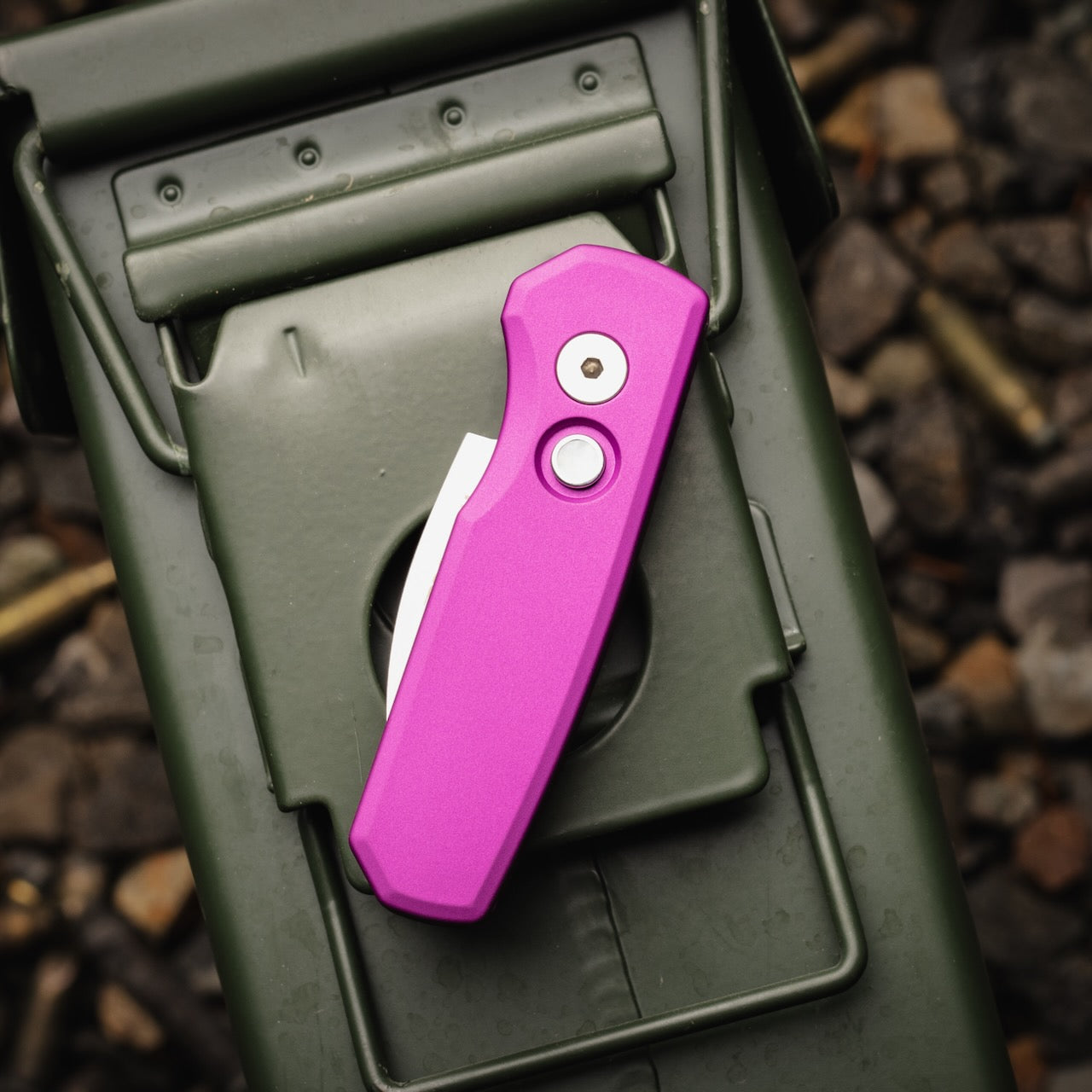 Pro-Tech R5300-LTD Purple Runt 5 Knife, 2" Satin MagnaCut Wharncliffe Auto, Pearl Button, Made in USA