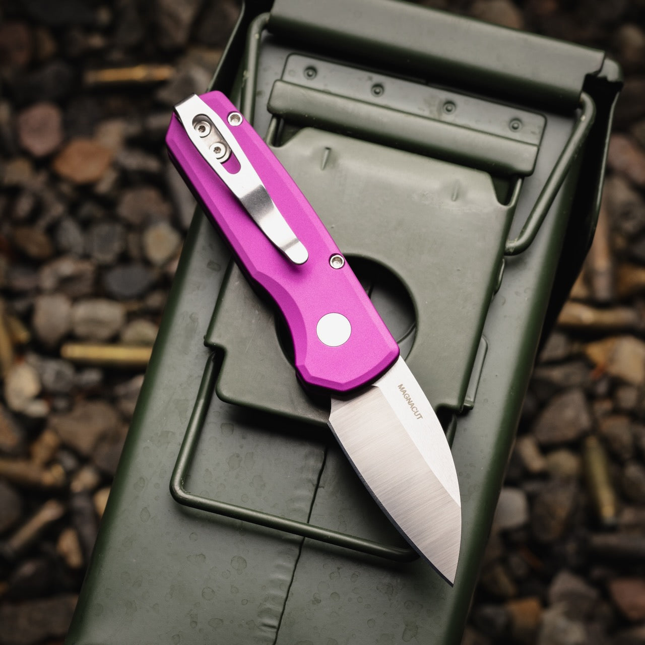 Pro-Tech R5300-LTD Purple Runt 5 Knife, 2" Satin MagnaCut Wharncliffe Auto, Pearl Button, Made in USA