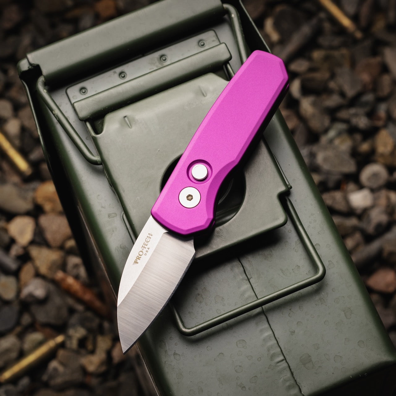 Pro-Tech R5300-LTD Purple Runt 5 Knife, 2" Satin MagnaCut Wharncliffe Auto, Pearl Button, Made in USA
