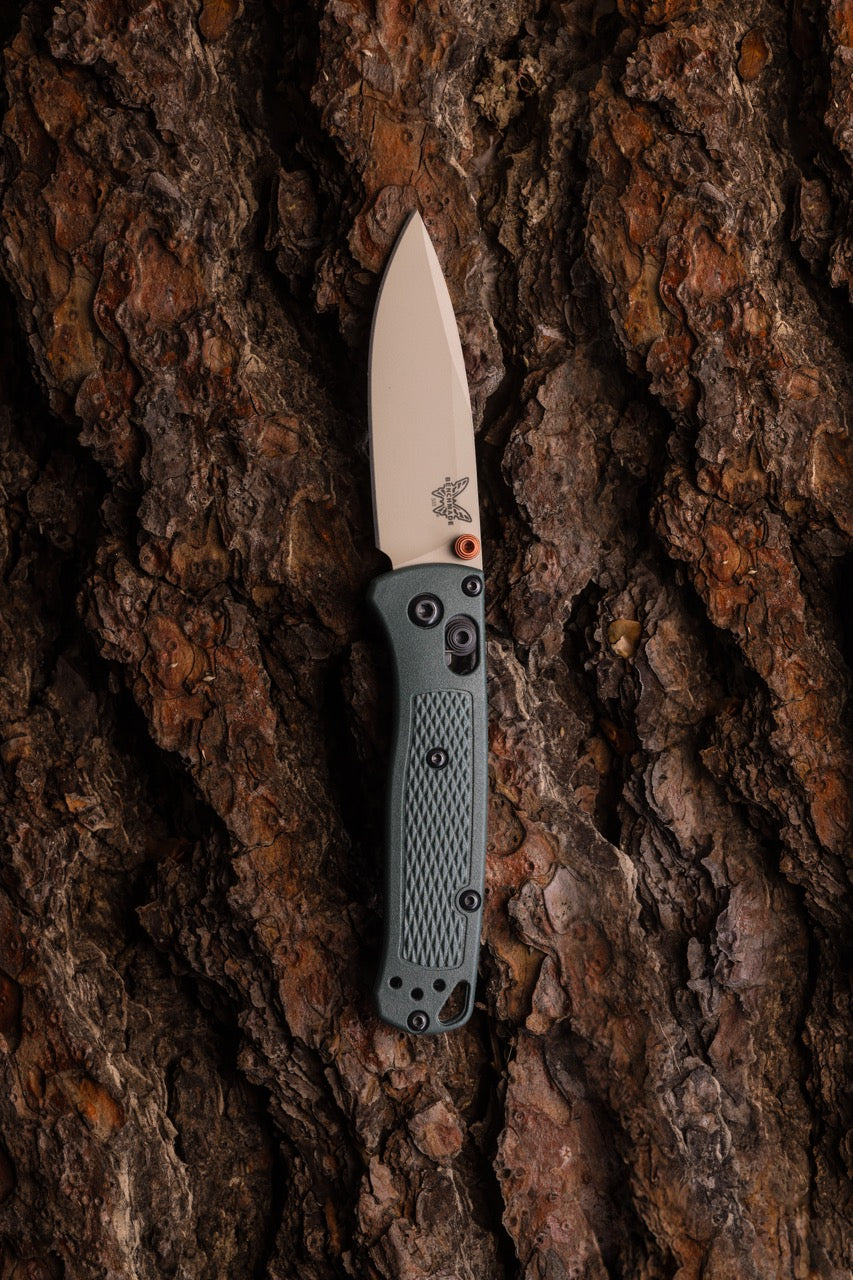 Benchmade Bugout Knife – Taiga Green Grivory Handle, McMillan Tan ELMAX Blade, AXIS Lock – Made in USA (535TN-2601)