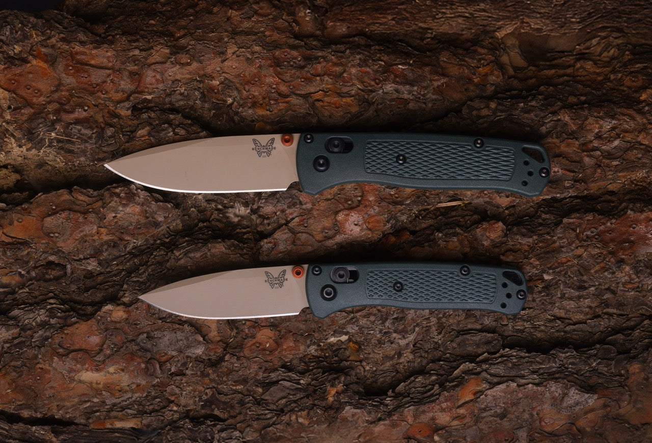 Benchmade Mini Bugout®, Taiga Green Grivory Handle, Tan ELMAX Blade, 2.82″, Made in USA (533TN-2601)